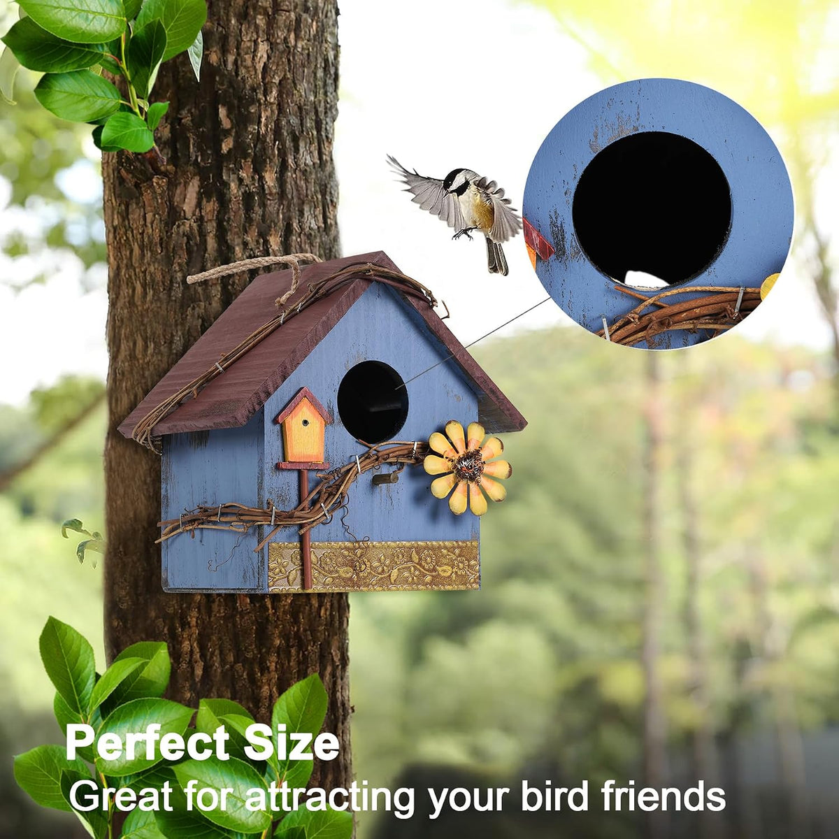 Blue Wooden Hanging Bird House Feeder for Outside Garden Wild Birds
