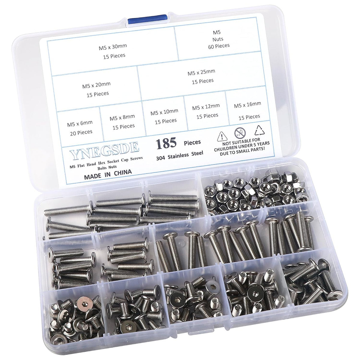 185Pcs M5 Metric Flat Head Hex Socket Cap Screws Bolts and Nuts Kit