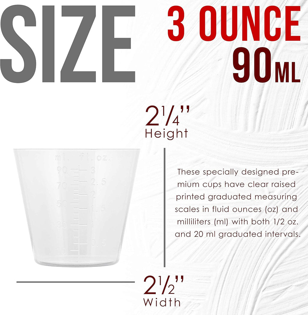 3 Oz (90 ml) Liquid Measuring Cups, 100 Pack with 25 Sticks