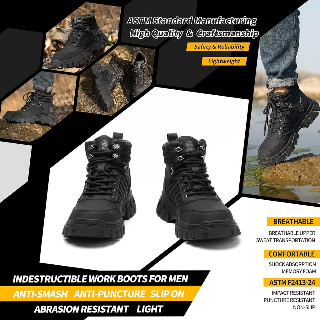 Waterproof Steel Toe Boots For Men-6 Inch Comfortable Mens Safety Work Boots Indestructible Steel Toe Shoes