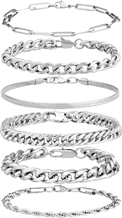 6 Pcs Stainless Steel Bracelets for Men Bracelets for Men Cuban Link Bracelet Rope Paperclip Snake Chain Bracelet Set