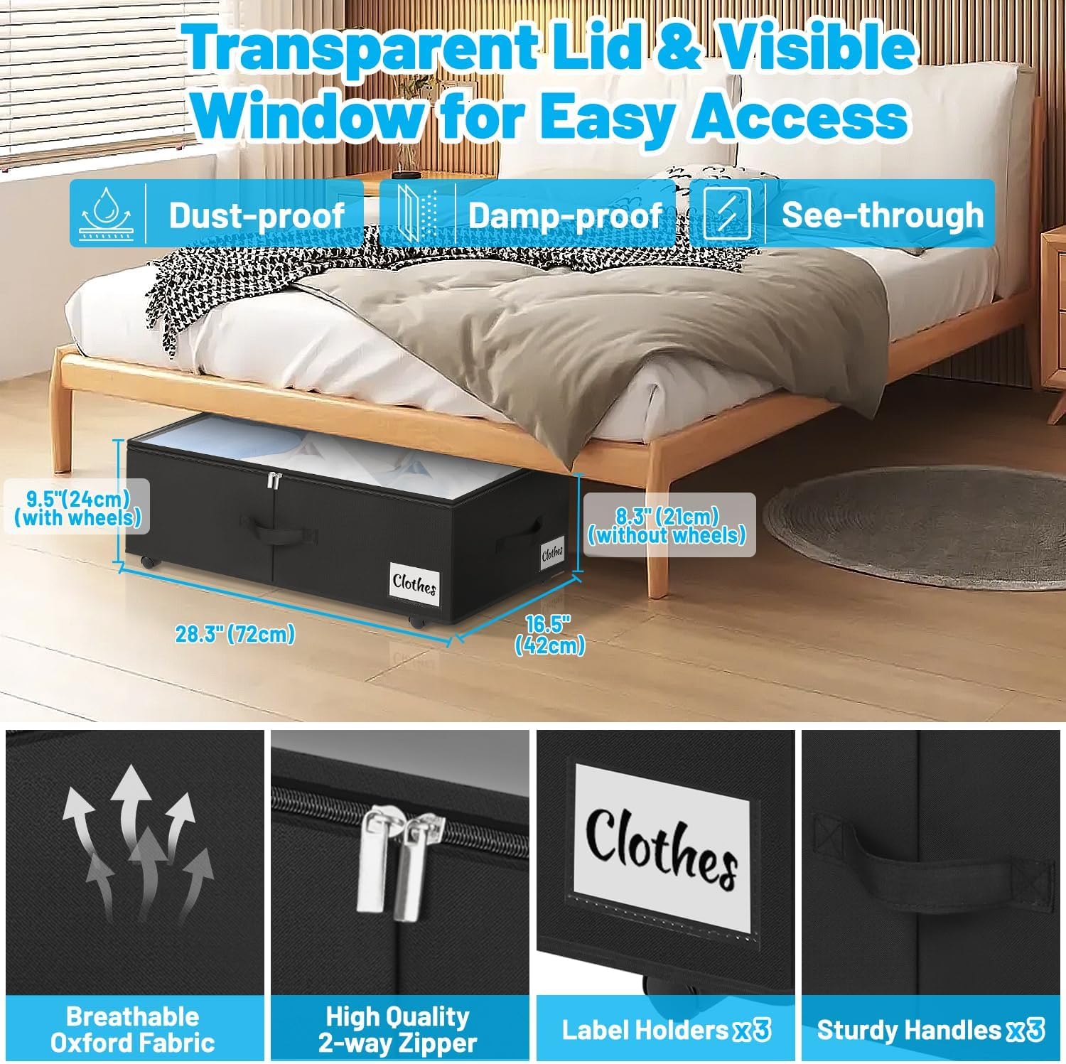 Under Bed Storage with Wheels, 2-Pack 10" Height XXL 75L Rolling Storage Bins, Quick Assembly Underbed Shoe Storage