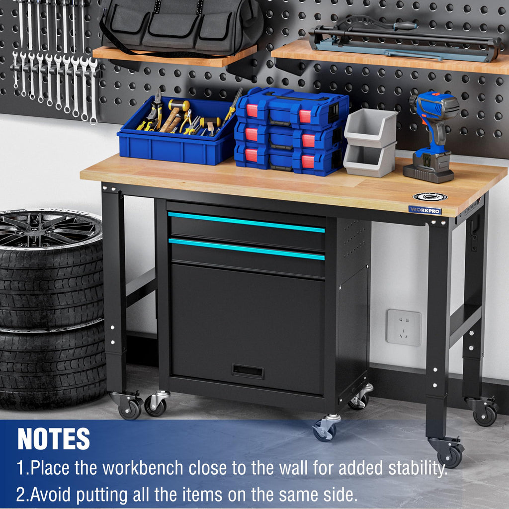 48" Adjustable Workbench with Wheels, Rubber Wood Top