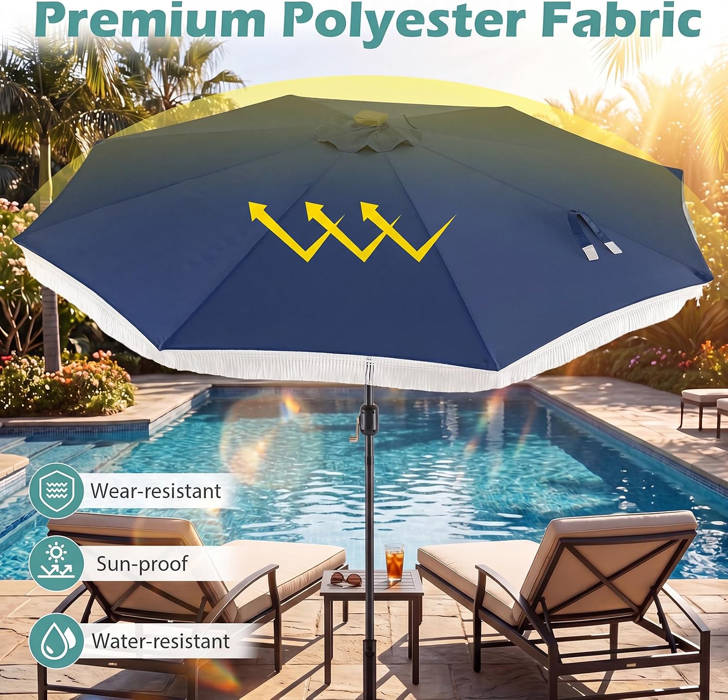 10 FT Solar Patio Umbrella with 24 LED Lights, Market Table Umbrella w/Fringe, Push Button Tilt, Crank Handle, 8
