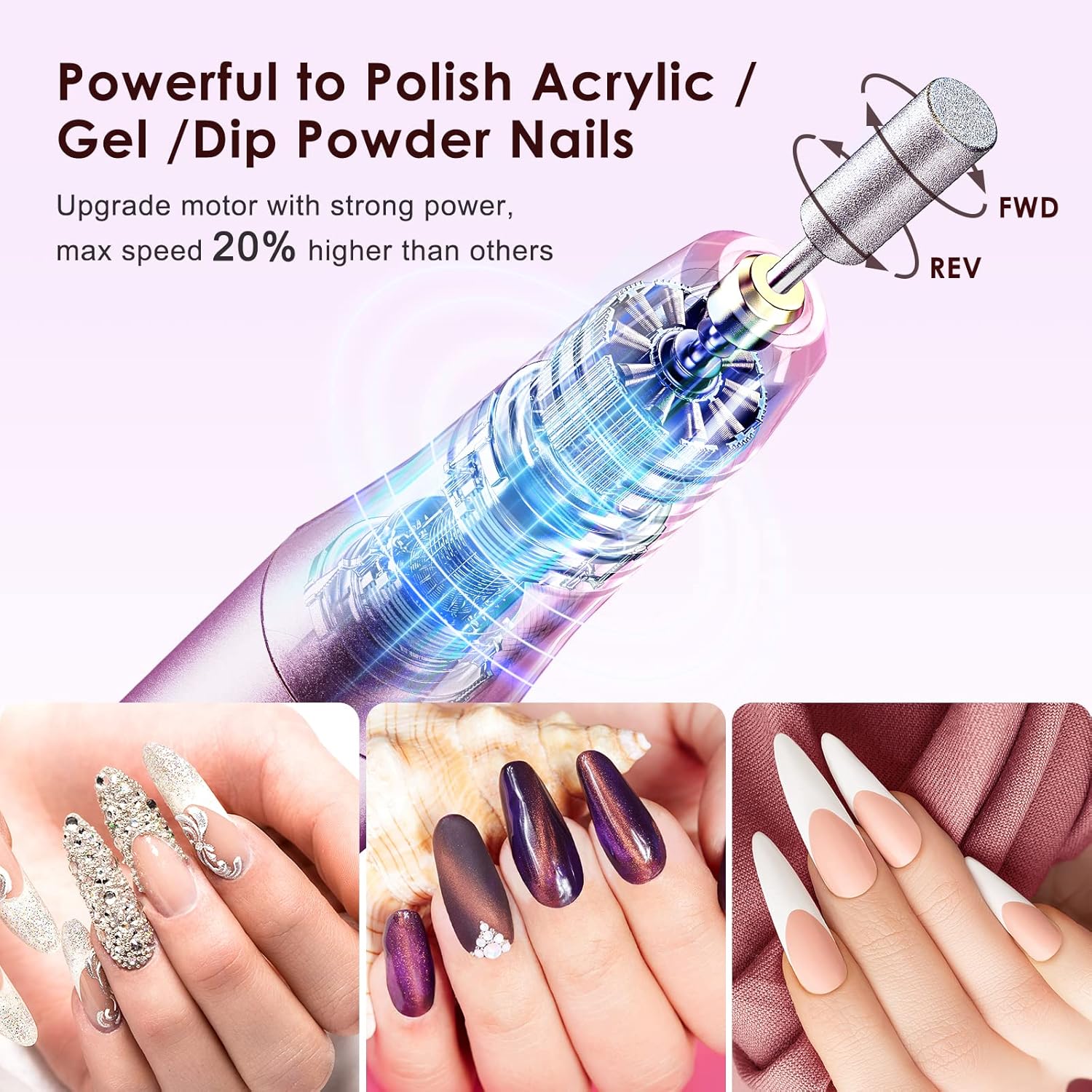 C20 Cordless Nail Drill Electric File: Professional for Acrylic Gel Dip Powder Nails, Portable All-in-One Nail Drill