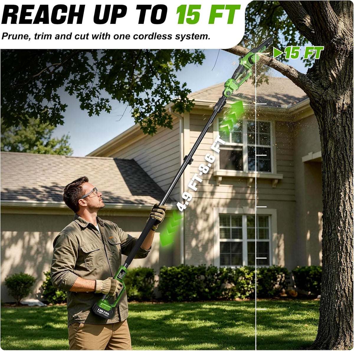 4-in-1 Electric Pole Saw & Pruning Shears Combo, 8" & 6" Mini Chainsaw with 2x4.0 Ah Batteries, 1.4in Cutting