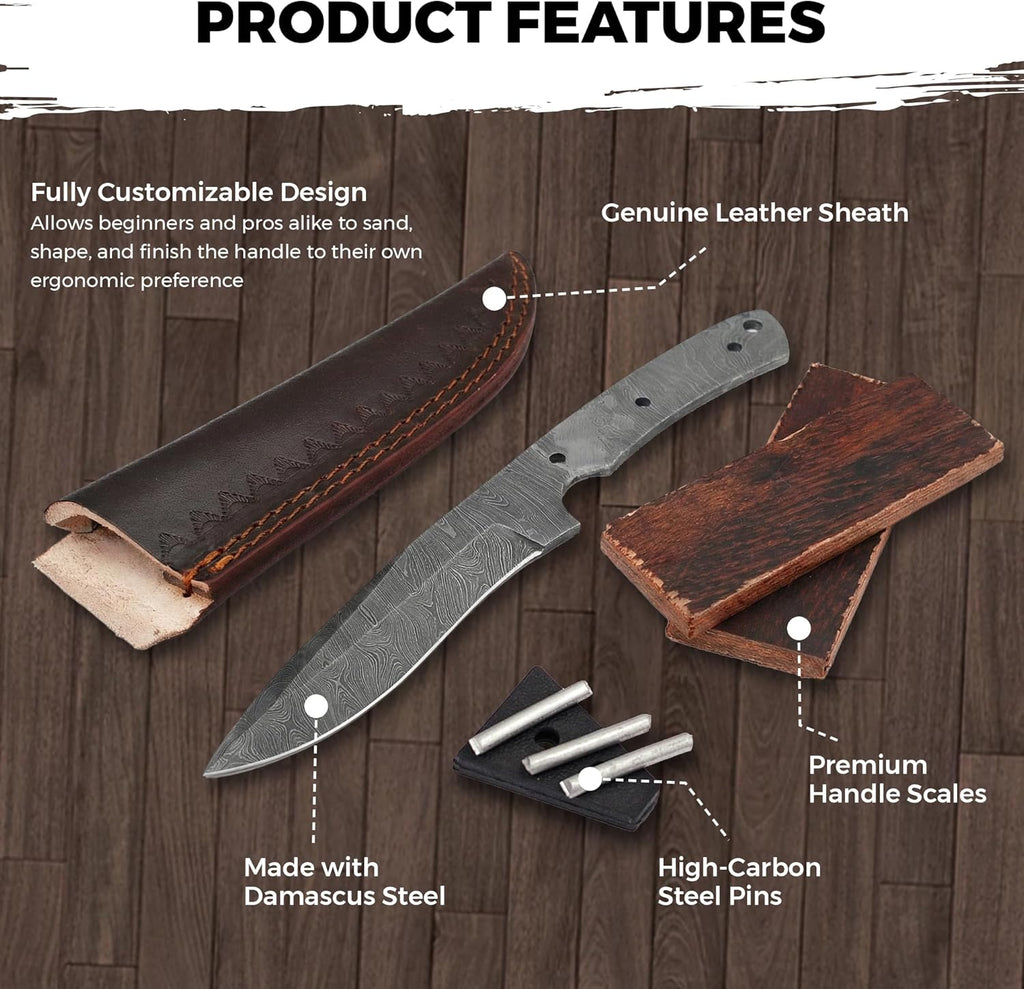 10" Damascus Steel Knife Making Kit – DIY Handmade Blank Blade, Dark Wood Handle Scales, Metal Pins & Leather Sheath