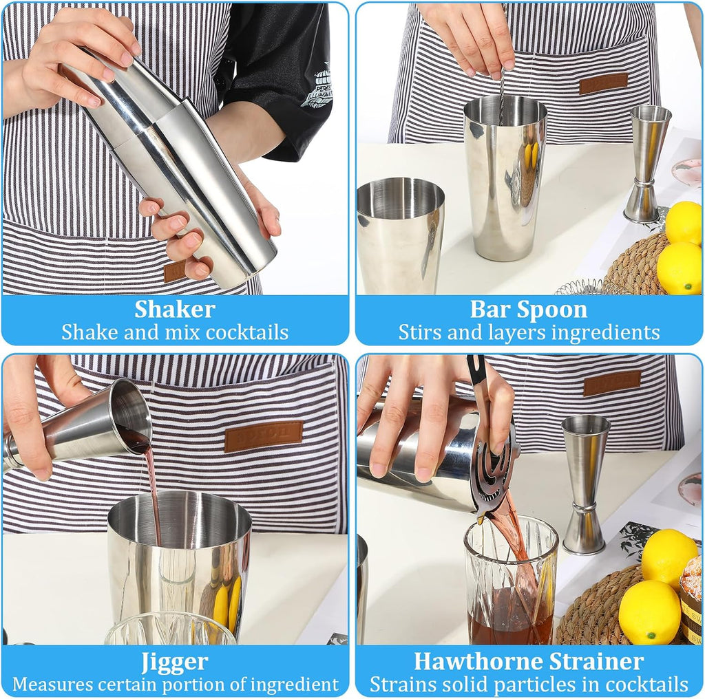 Professional Cocktail Shaker, Professional 5-Piece Bartender Kit with Boston Shaker, Hawthorne Strainer, Double