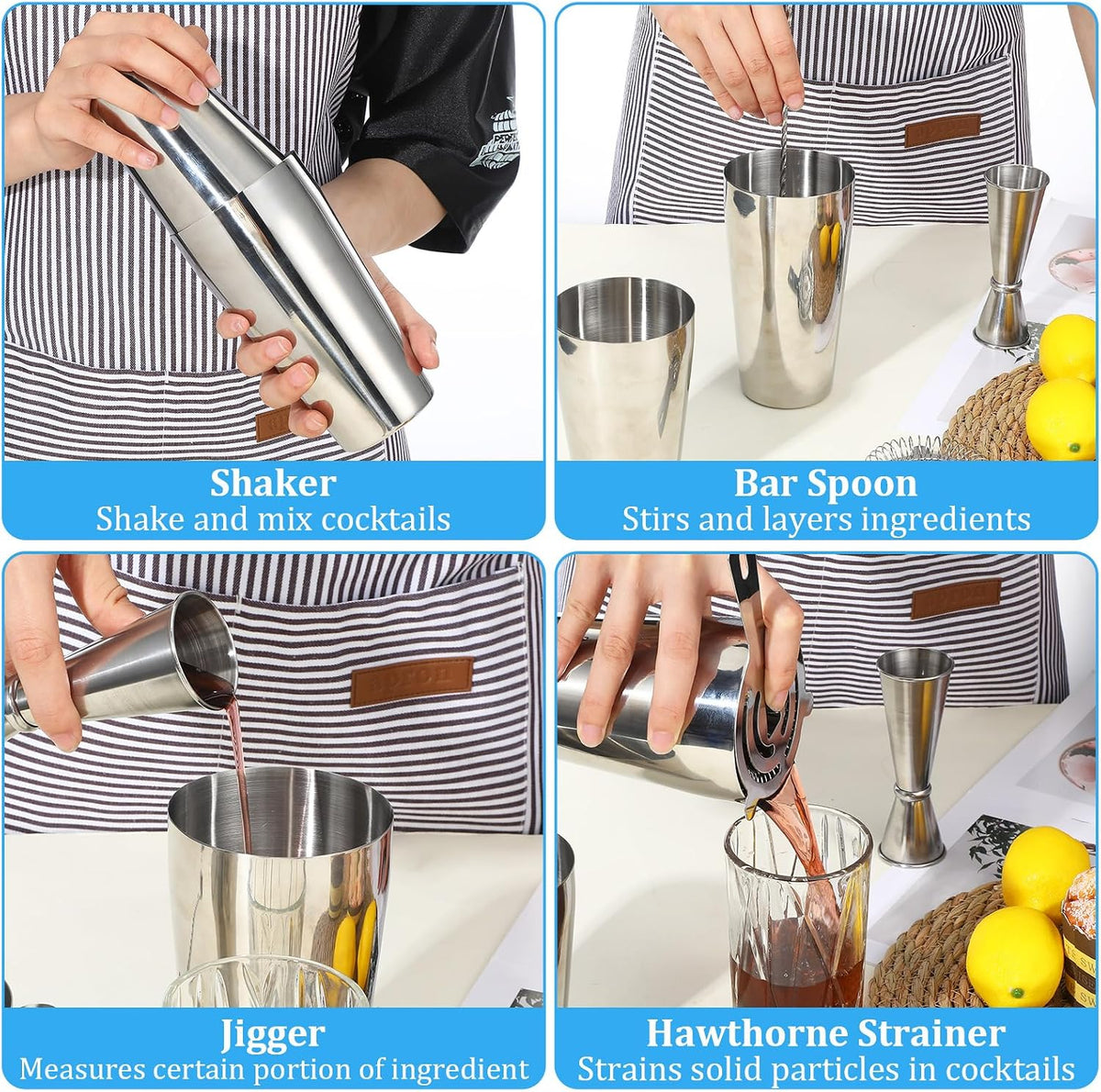 Professional Cocktail Shaker, Professional 5-Piece Bartender Kit with Boston Shaker, Hawthorne Strainer, Double