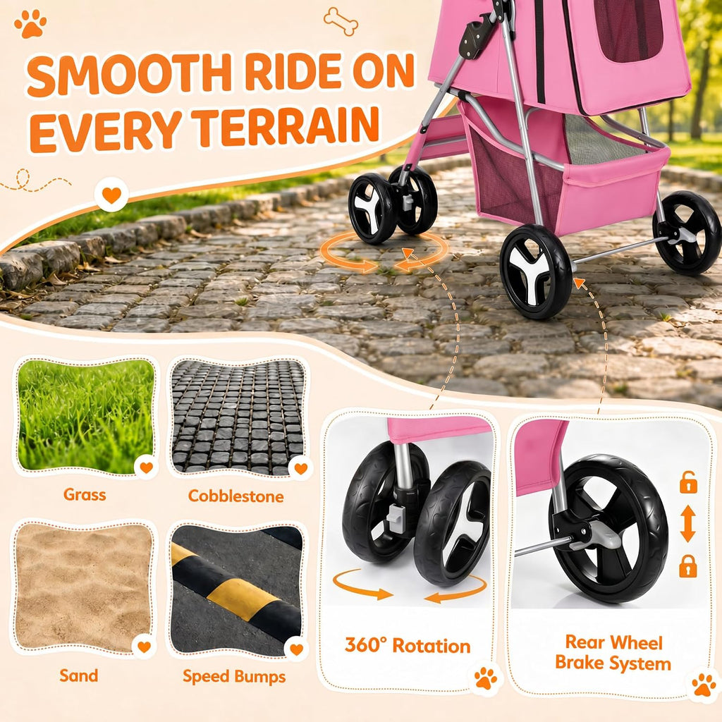 Foldable Pet Stroller, Cat/Dog Stroller with 4 Wheels