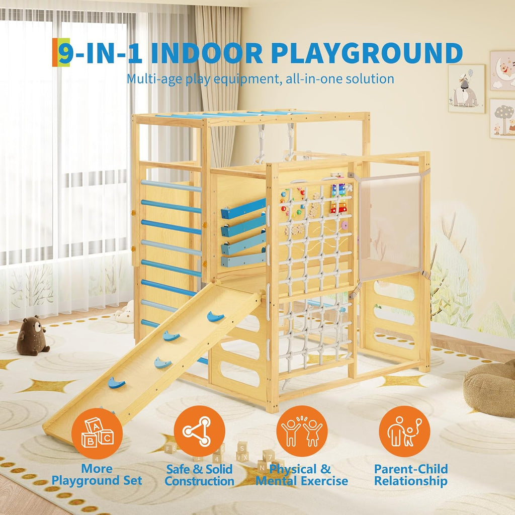 9-in-1 Indoor Jungle Gym, Montessori Wooden Indoor Playground for Kids 2-8, Wooden Climbing Structure with Slide
