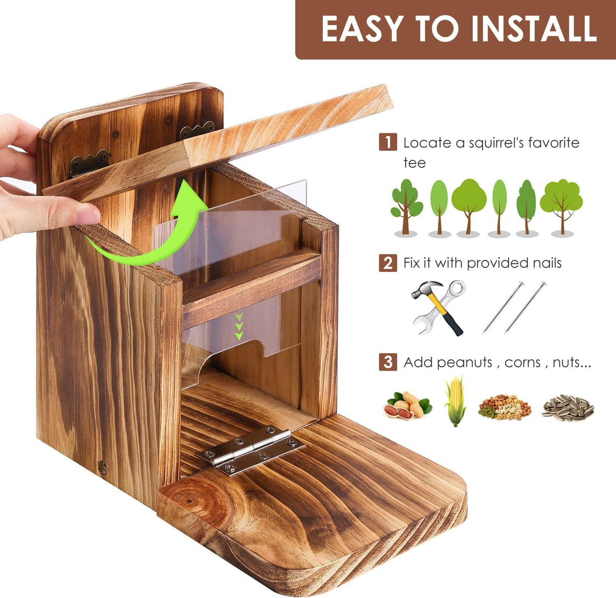 Wooden Squirrel Feeder Box, Sturdy Squirrel Feeding House with Thickness 1.5CM Wood, No Assembly Required, for