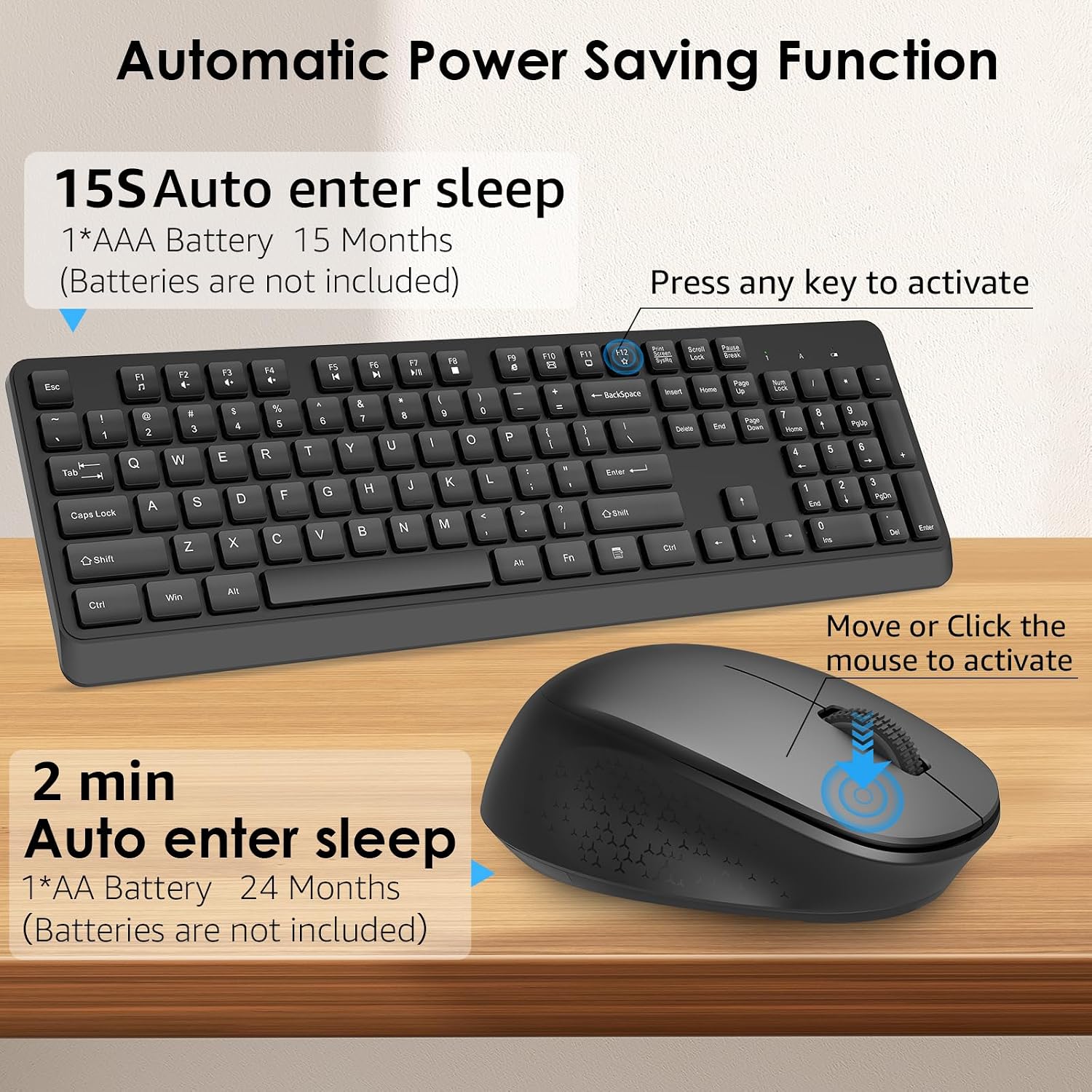 BKA BYA Wireless Keyboard and Mouse Combo,Full Size Quiet Keyboard and Mouse, 2.4GHz USB Receiver, Cordless Silent