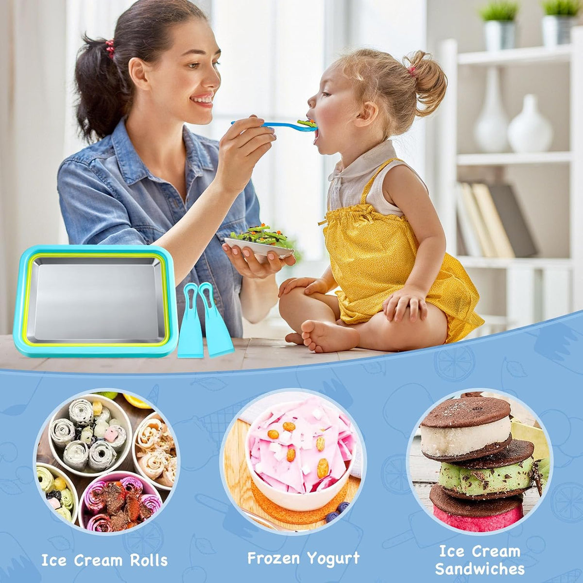 Rolled Ice Cream Maker, Stainless Steel Freezer Tray, Lake Blue