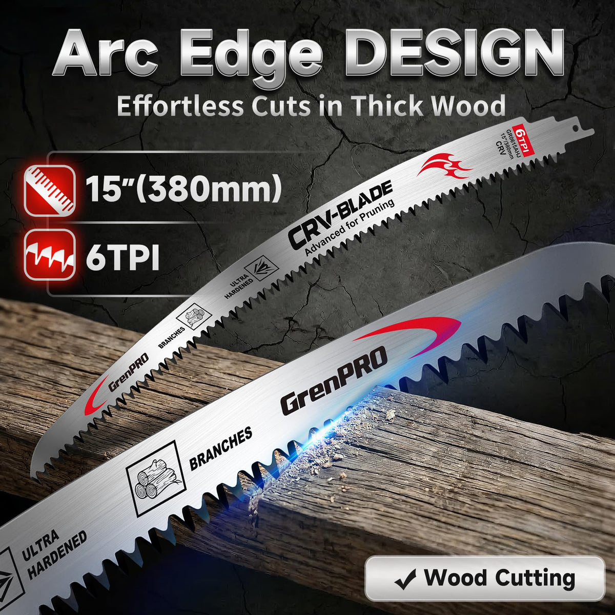 GRENPRO 4-Pack Arc Edge Reciprocating Saw Blades, 15-Inch 6TPI for Pruning