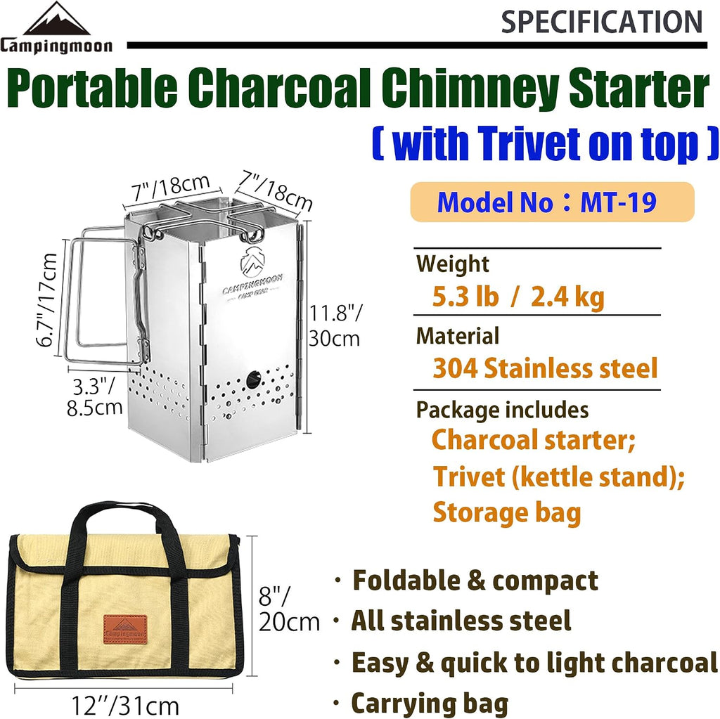 CAMPINGMOON Foldable Collapsible Charcoal Chimney Starter Barbecue BBQ Camping Grill Stainless Steel MT-19