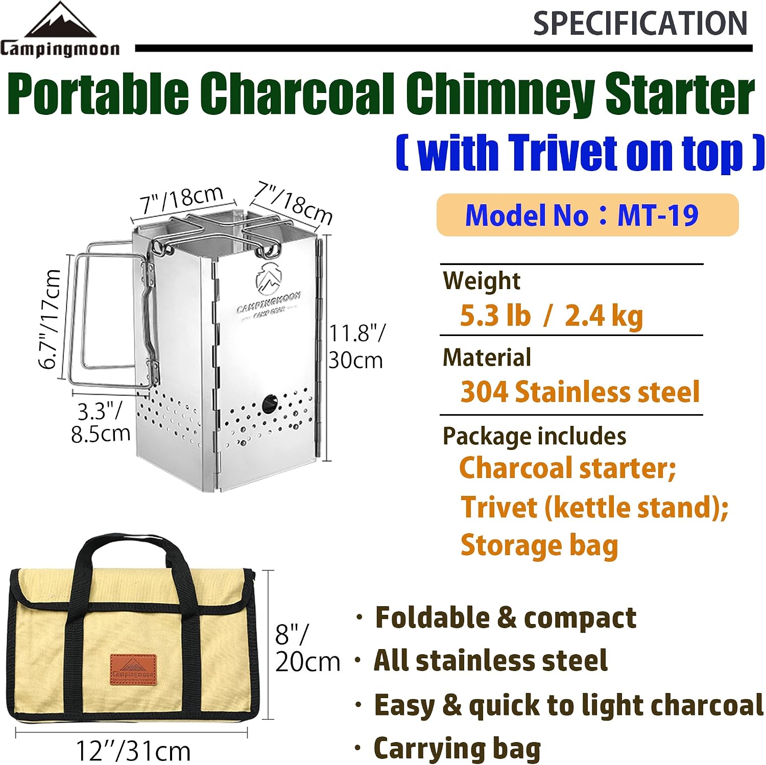 CAMPINGMOON Foldable Collapsible Charcoal Chimney Starter Barbecue BBQ Camping Grill Stainless Steel MT-19