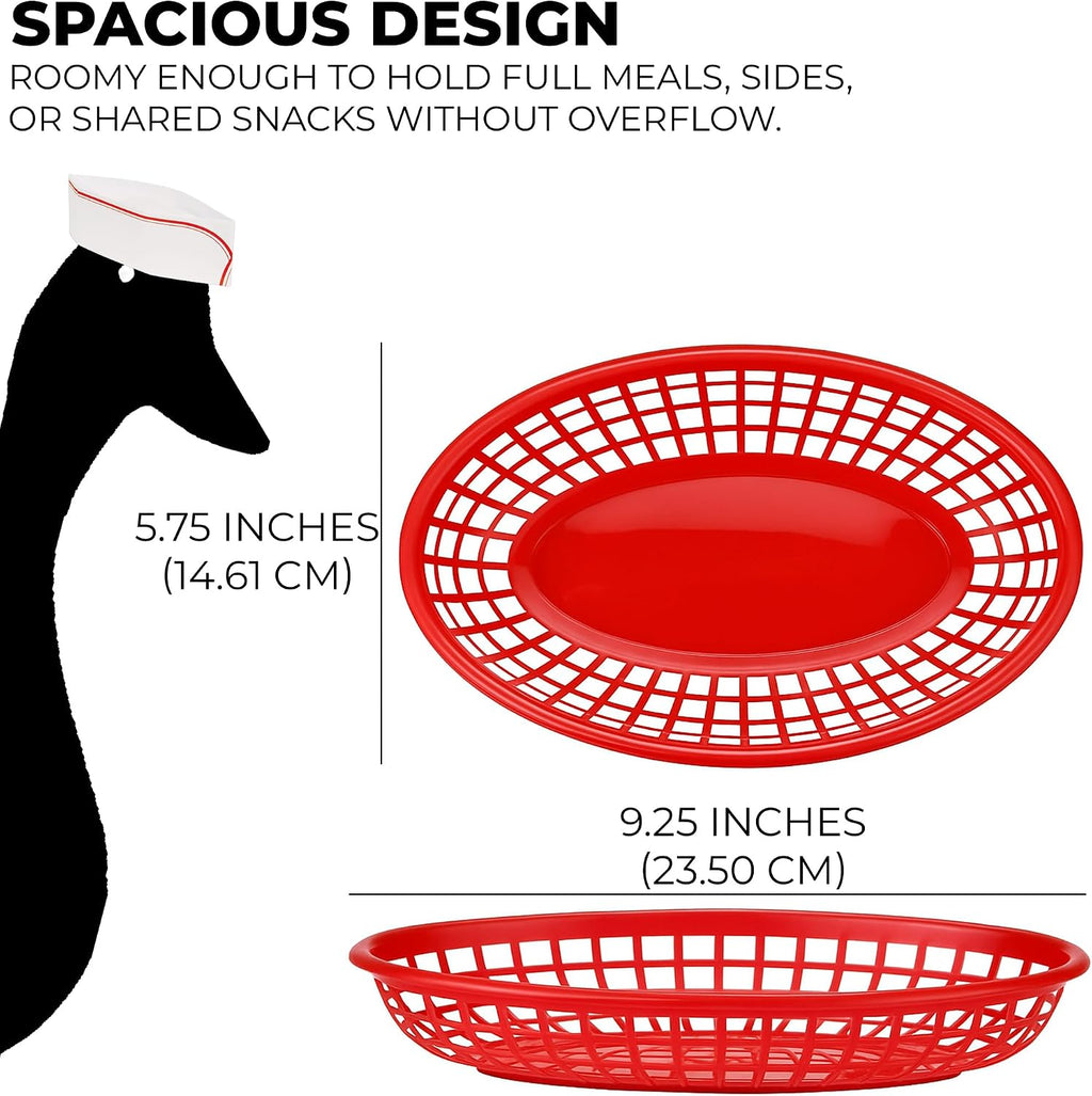Reusable Plastic Oval Food Baskets, Red, 6 Pack