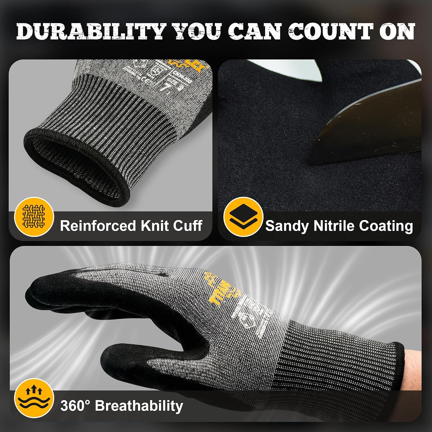 Cut Resistant Gloves ANSI A5, Work Gloves with Sandy Nitrile Grip,Black