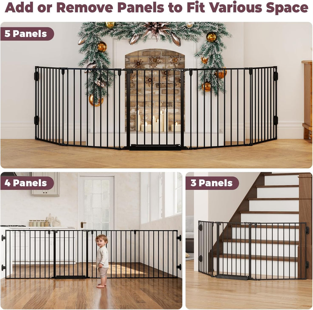 127.5" Extra Wide Baby Gate for Fireplace Christmas Tree, Configurable 5 Metal Panels Baby Fence, Child Gate for Wide