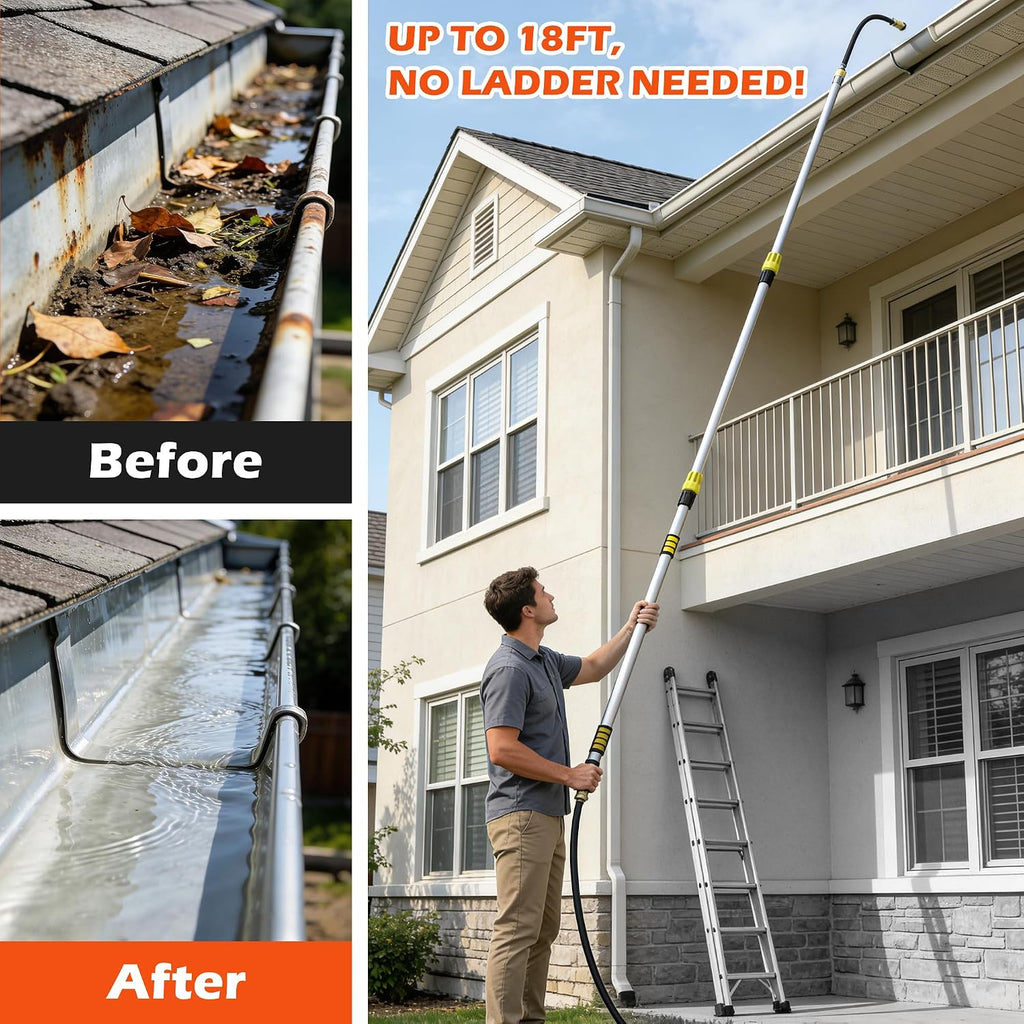 18FT Reach Gutter Cleaning Tool, Gutter Wand with Hose Attachment