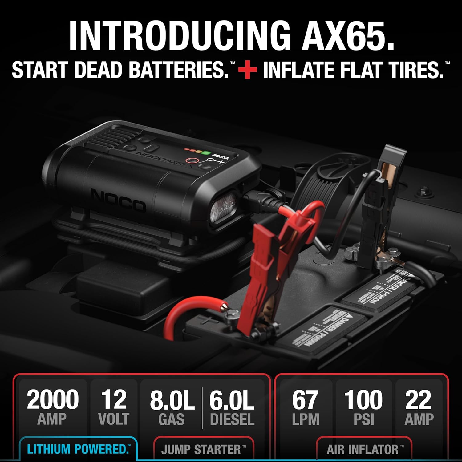 Boost+Air AX65: 2000A Jump Starter with Air Compressor Tire Inflator – Starts 8.0L Gas & 6.0L Diesel – 67 SLPM