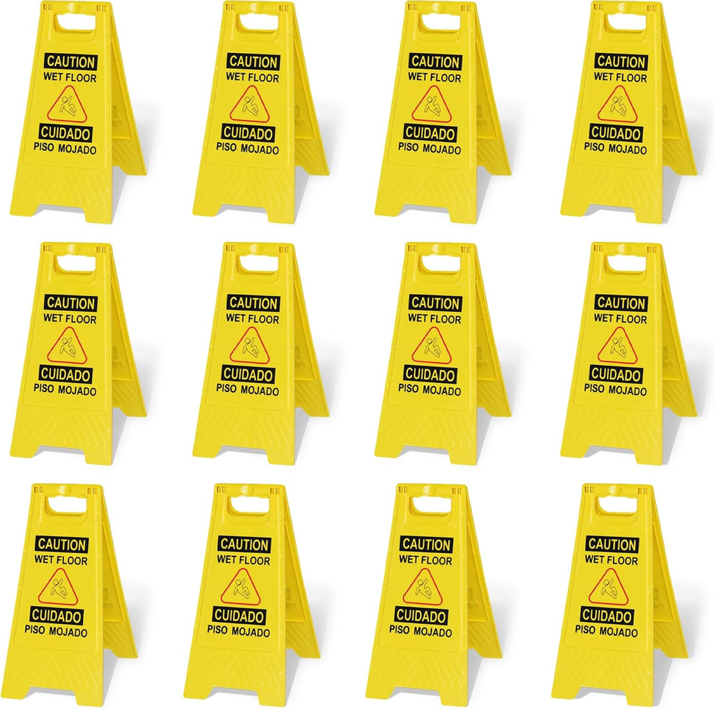 12-Pack 24in Caution Wet Floor Signs, Bilingual Warning Signs | Double-Sided Safety Sign for Office, Restroom