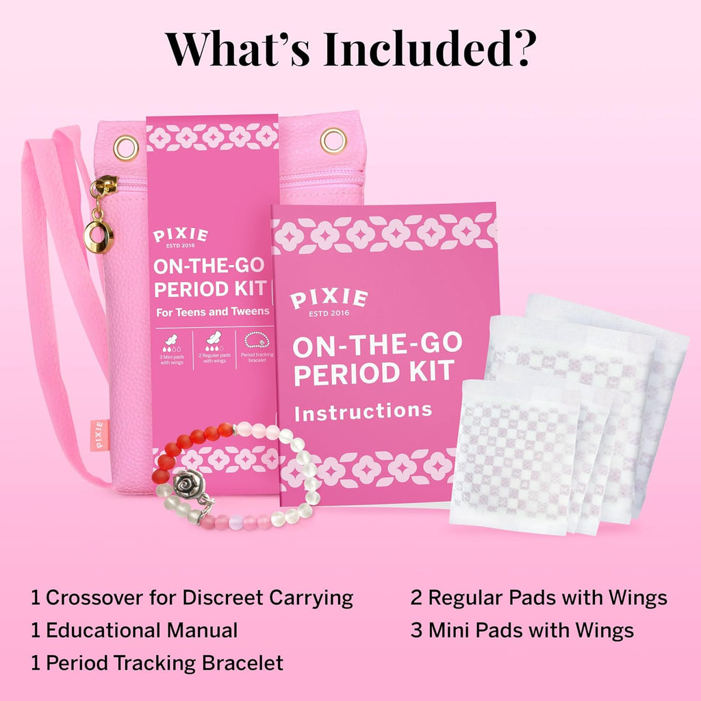 Pixie First Period Kit for Girls 9-12 - Best Organic Cotton Teen Pads with Wings - Period Tracking Bracelet &