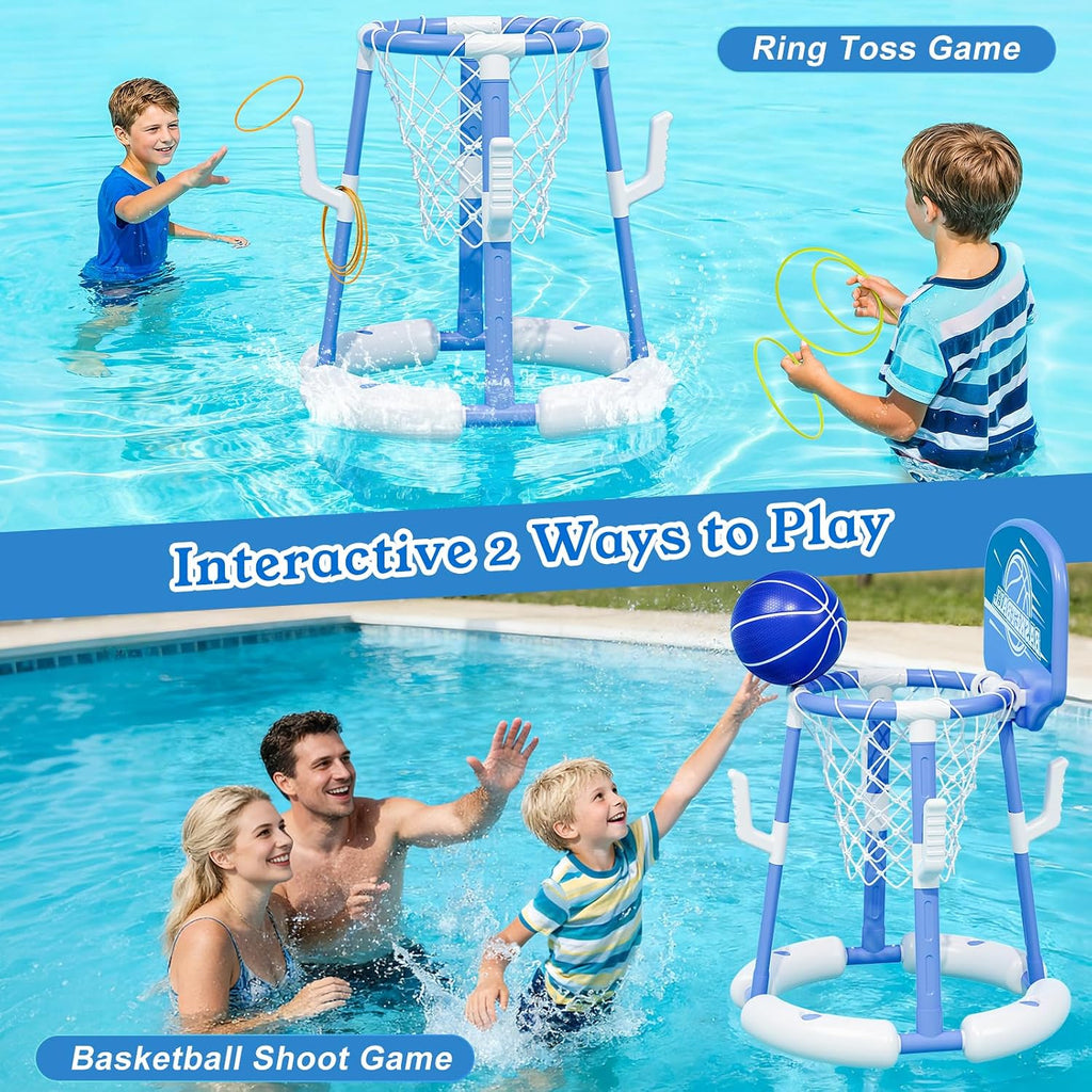 2 in 1 Pool Basketball Hoop with Backboard & Ring Toss Game,Floating Pool Toys with 4 Balls 8 Rings&Pump Summer Water