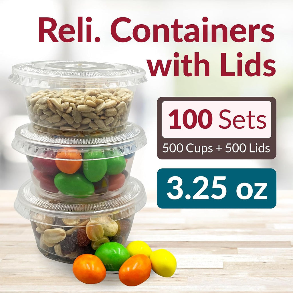 3.25 oz Condiment Containers with Lids (100 sets) | Ideal for Sauce, Souffle, Samples, Jello Shot Cups | Disposable