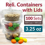 3.25 oz Condiment Containers with Lids (100 sets) | Ideal for Sauce, Souffle, Samples, Jello Shot Cups | Disposable