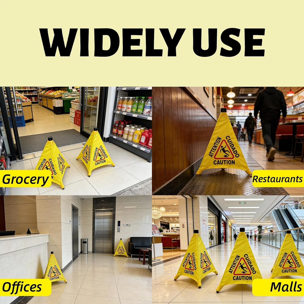 Wet Floor Signs - 4PCS Pop UP Bilingual Yellow Cones Wet Floor Sign with Wall Mounted Storage Tube Foldable, Slip