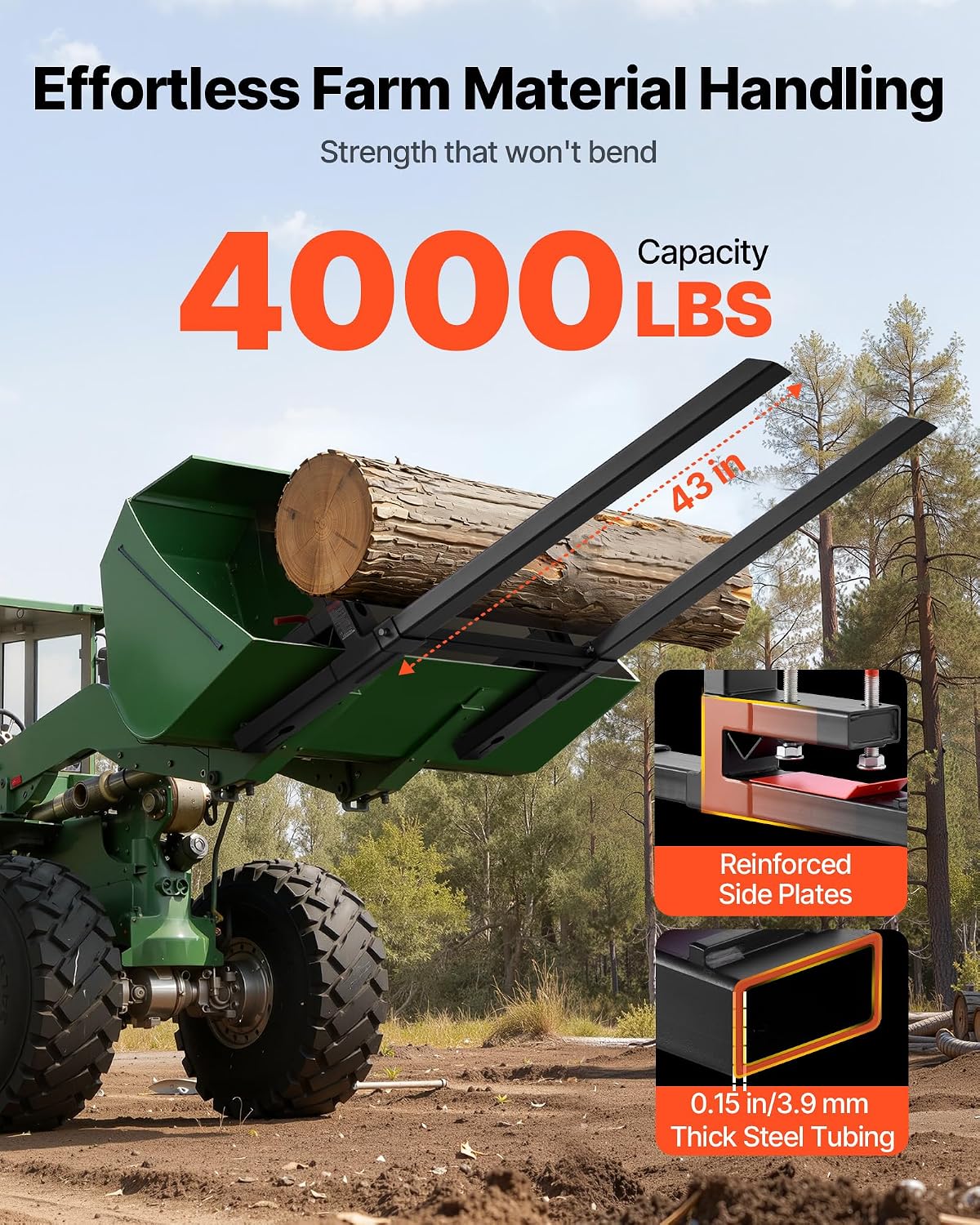 Pallet Forks, 4000 lbs Clamp on Pallet Forks, 60-Inch Total Length Heavy-Duty Tractor Fork with Adjustable Stabilizer