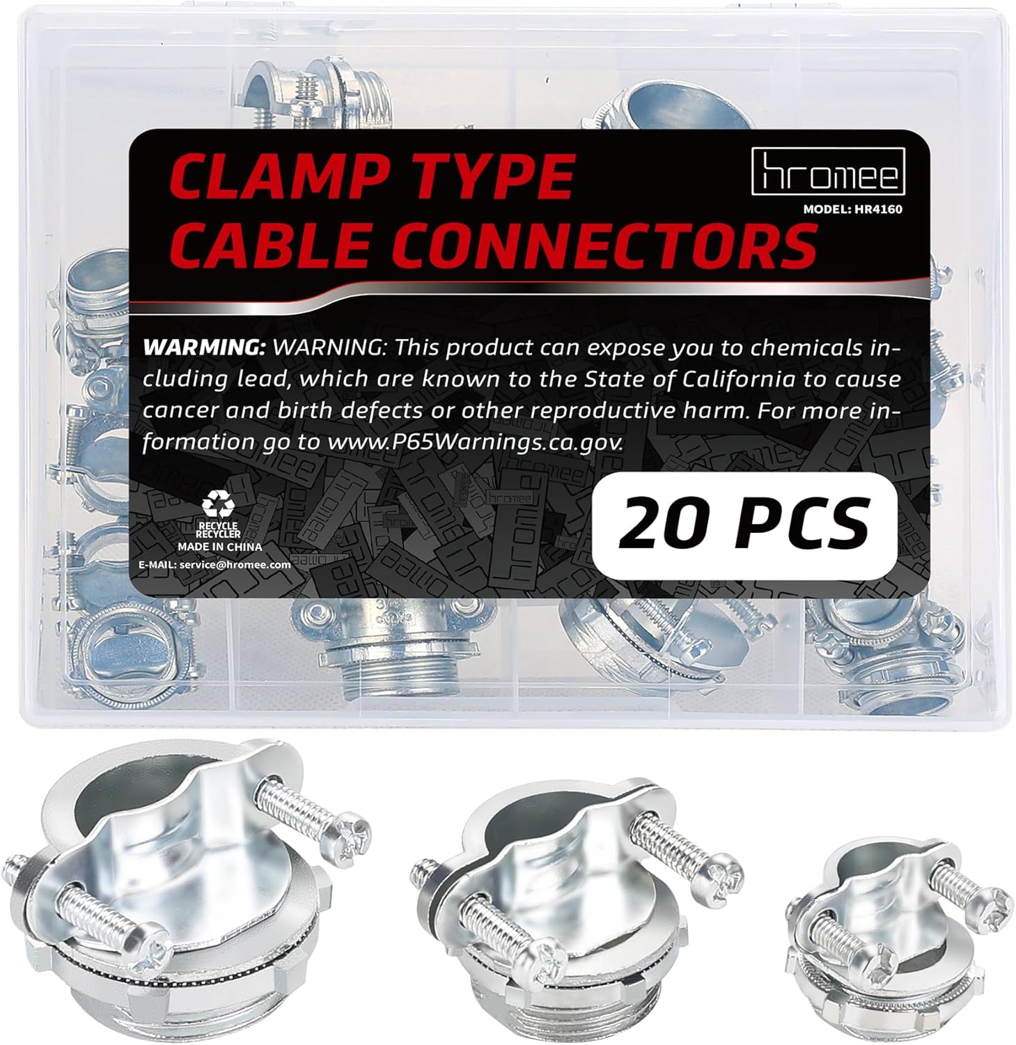 Cable Connectors, 20PCS 1/2" 3/4" 1” Clamp Type Cable Connectors Assortment for Metallic Conduit Protect Cables