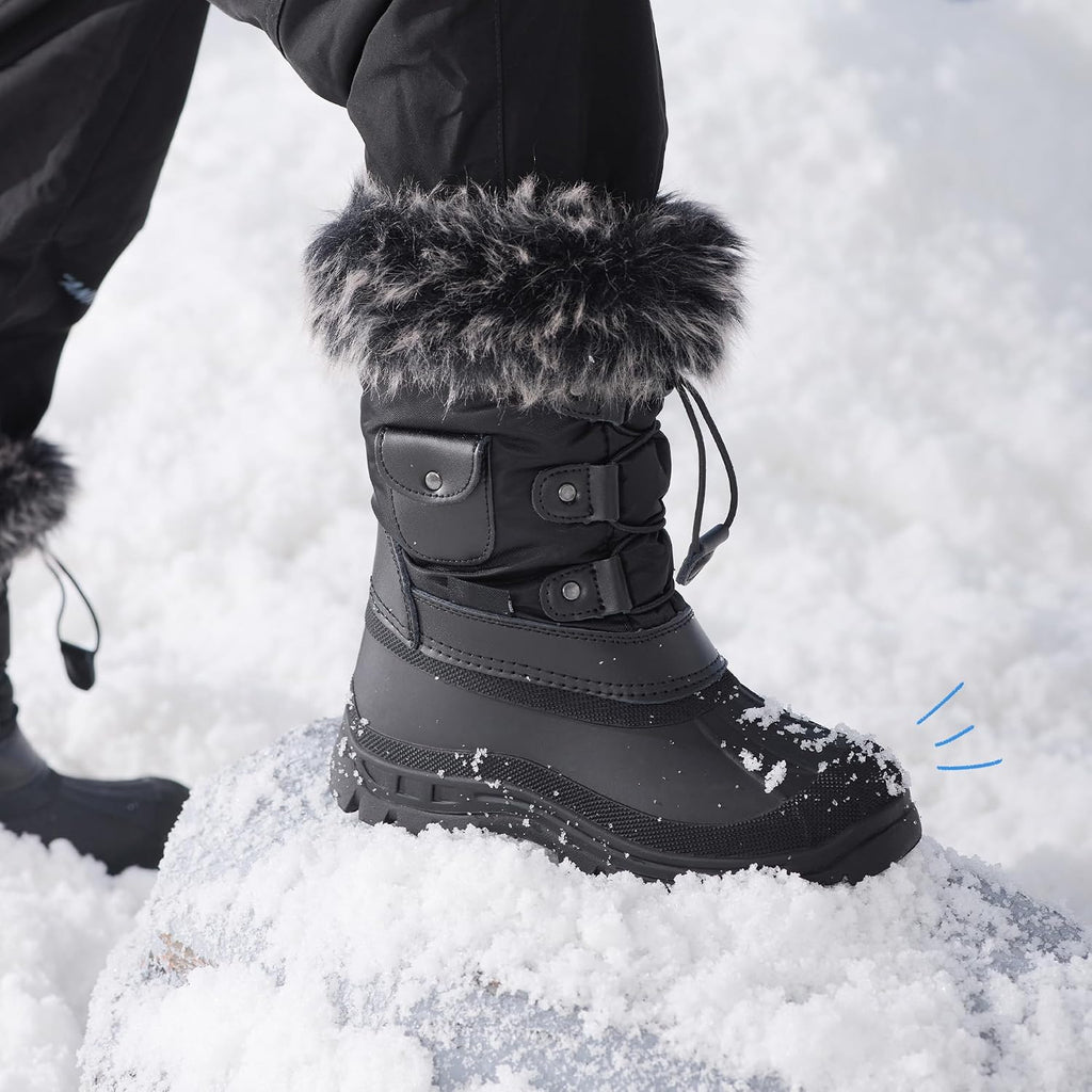 Girls Snow Waterproof Winter Boots | Warm Faux Fur Lined Outdoor Secure Grip Anti Slip Outsole Easy Wear Windproof