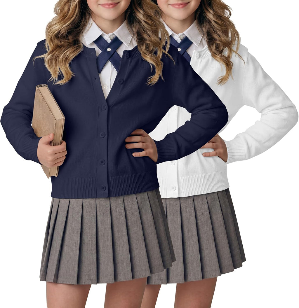 WeekCheer 2 Pack Girls Button Cardigan Sweater | Long Sleeve, Knit Tops, Kids School Uniforms, Fall Winter, 4-12