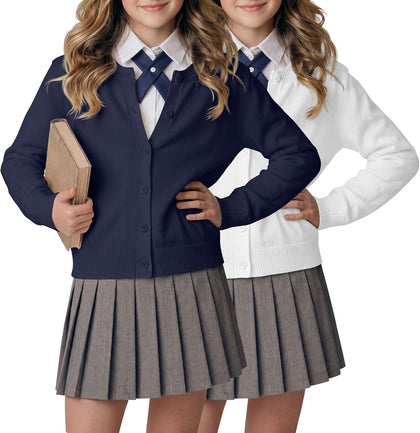 WeekCheer 2 Pack Girls Button Cardigan Sweater | Long Sleeve, Knit Tops, Kids School Uniforms, Fall Winter, 4-12