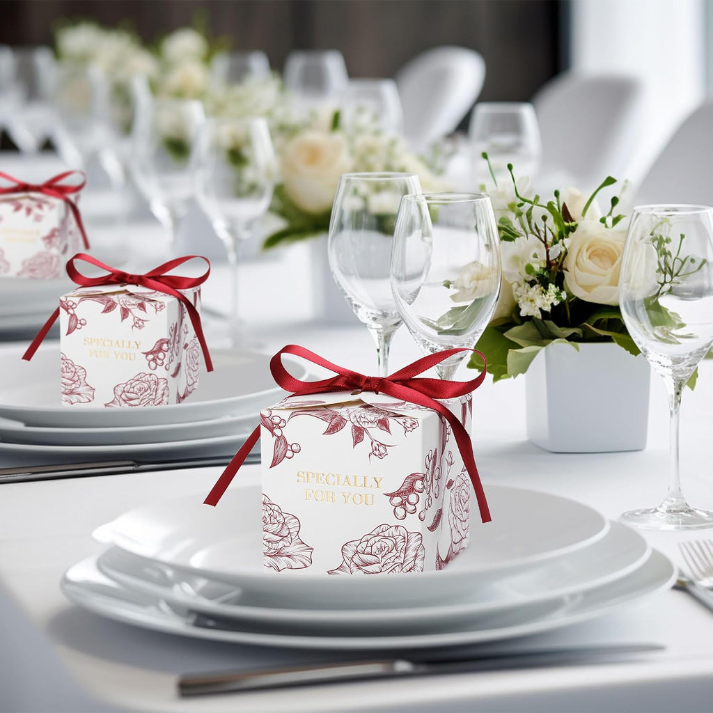 50pcs Rose Party Favor Boxes, 2.75 x 2.75 x 2.75 Inch Wine Red Candy Boxes with Ribbons for Wedding Bridal Baby