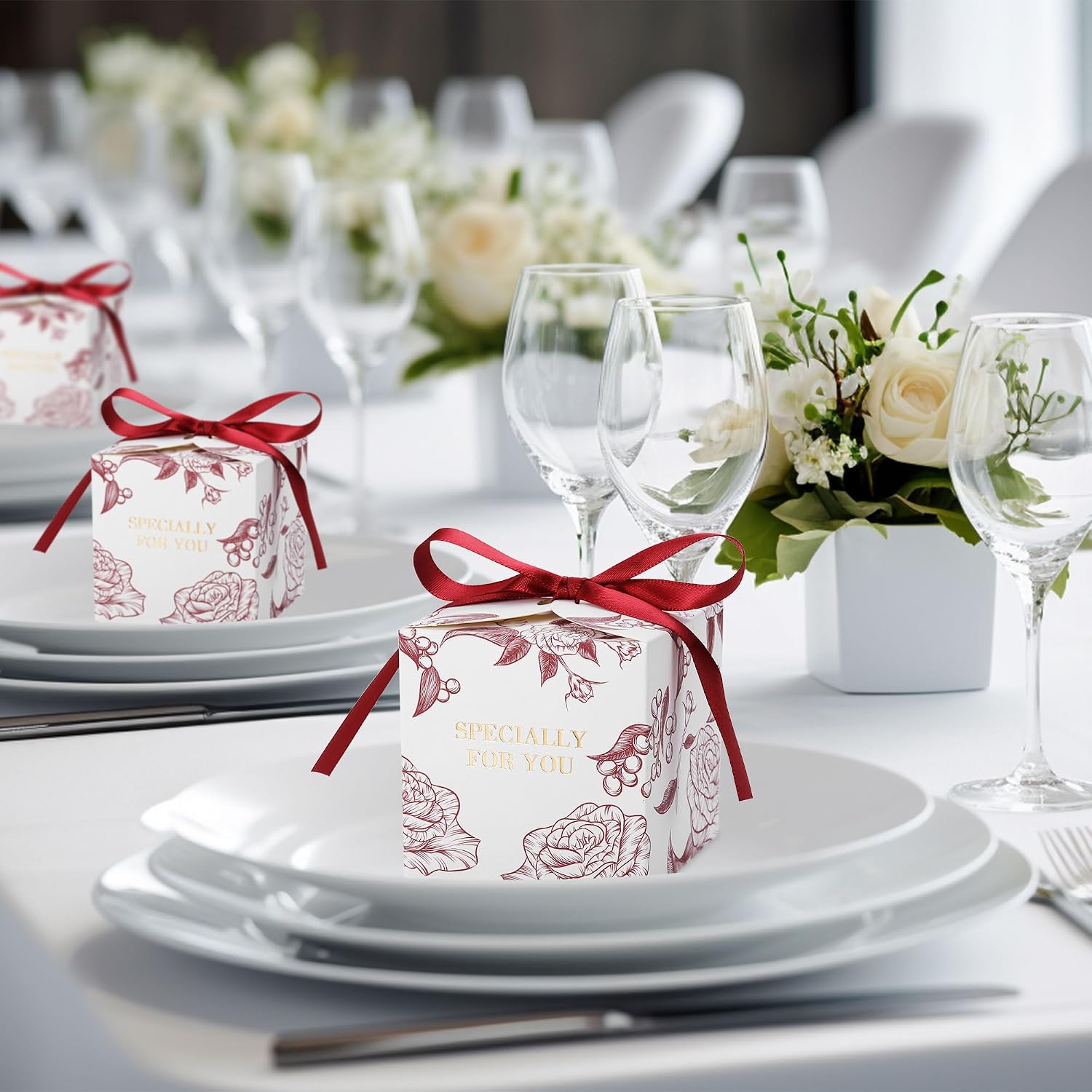 50pcs Rose Party Favor Boxes, 2.75 x 2.75 x 2.75 Inch Wine Red Candy Boxes with Ribbons for Wedding Bridal Baby