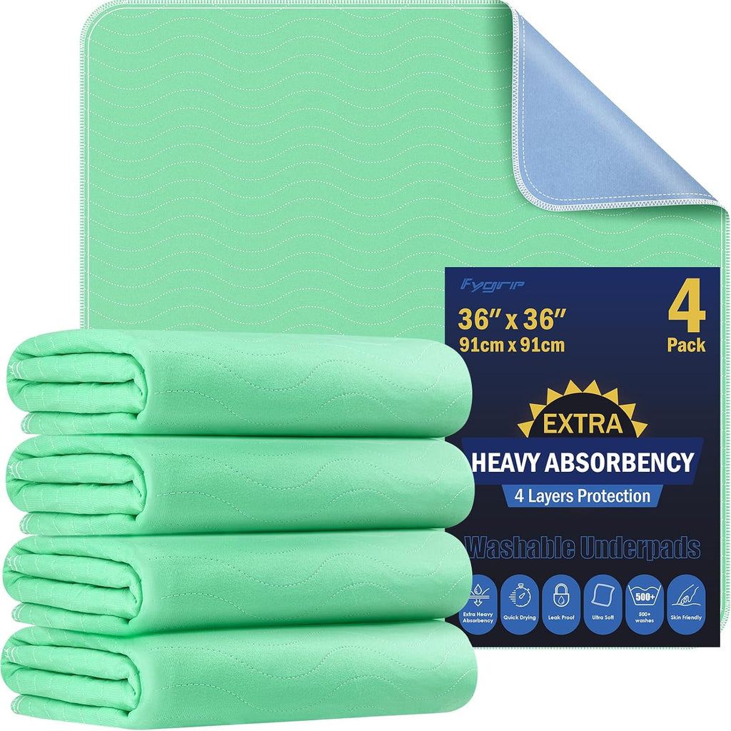 4 Pack 36” x 36” Extra Heavy Absorbency Washable Underpads Bed Pads