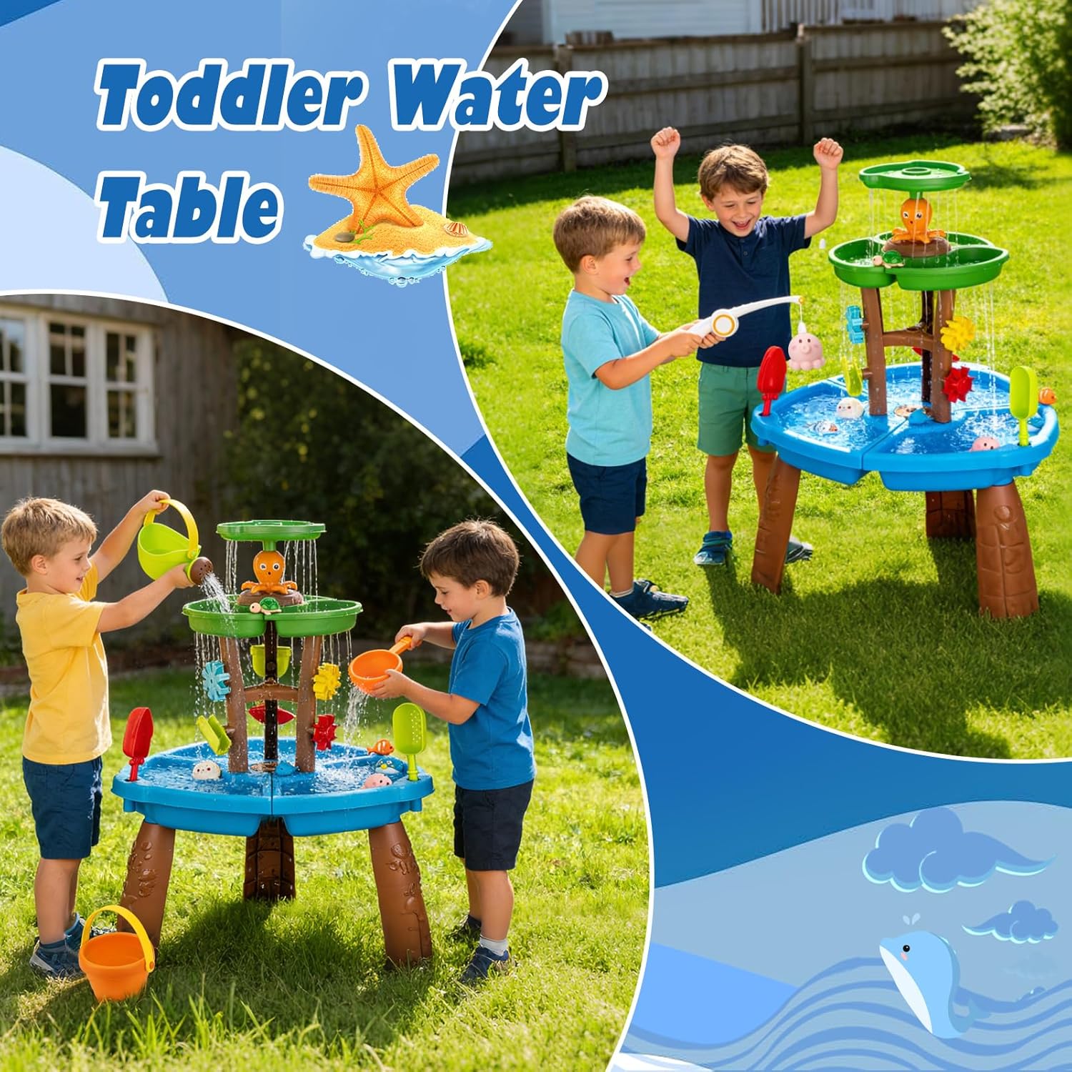 Water Table for Toddlers with Fishing Game Set 3-Tier Kids Sand Water Table Sensory Outdoor Toys for Kids Ages 4-8