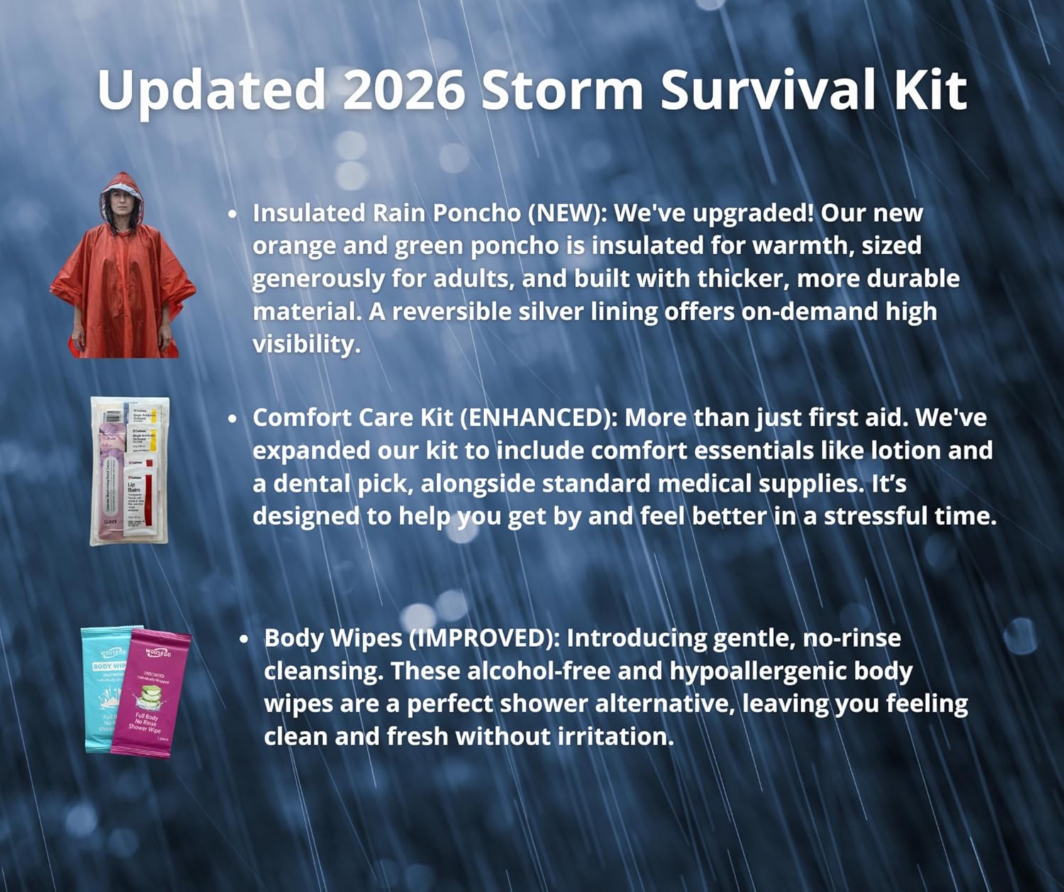 Emergency Survival Kit for Hurricane, Storm, Tornado Preparedness | Insulated Poncho, Flashlight, Emergency Blanket