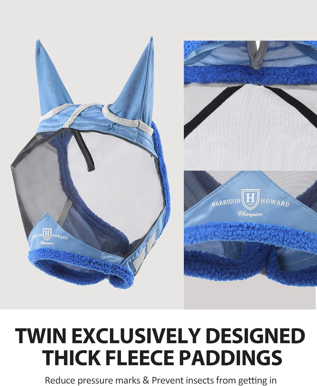Horse Fly Mask UV Protective Fine Mesh with Extra Wool Soft Touch on Skin Fly and UV Protection Aquamarine-Black M