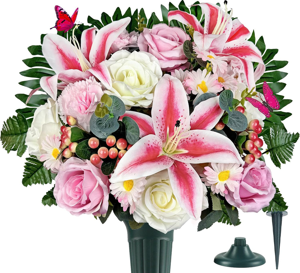 Artificial Cemetery Flowers,Memorial Flowers,Beautiful Arrangements for Headstones,Silk Lily Rose Berries Daisy