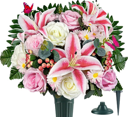Artificial Cemetery Flowers,Memorial Flowers,Beautiful Arrangements for Headstones,Silk Lily Rose Berries Daisy