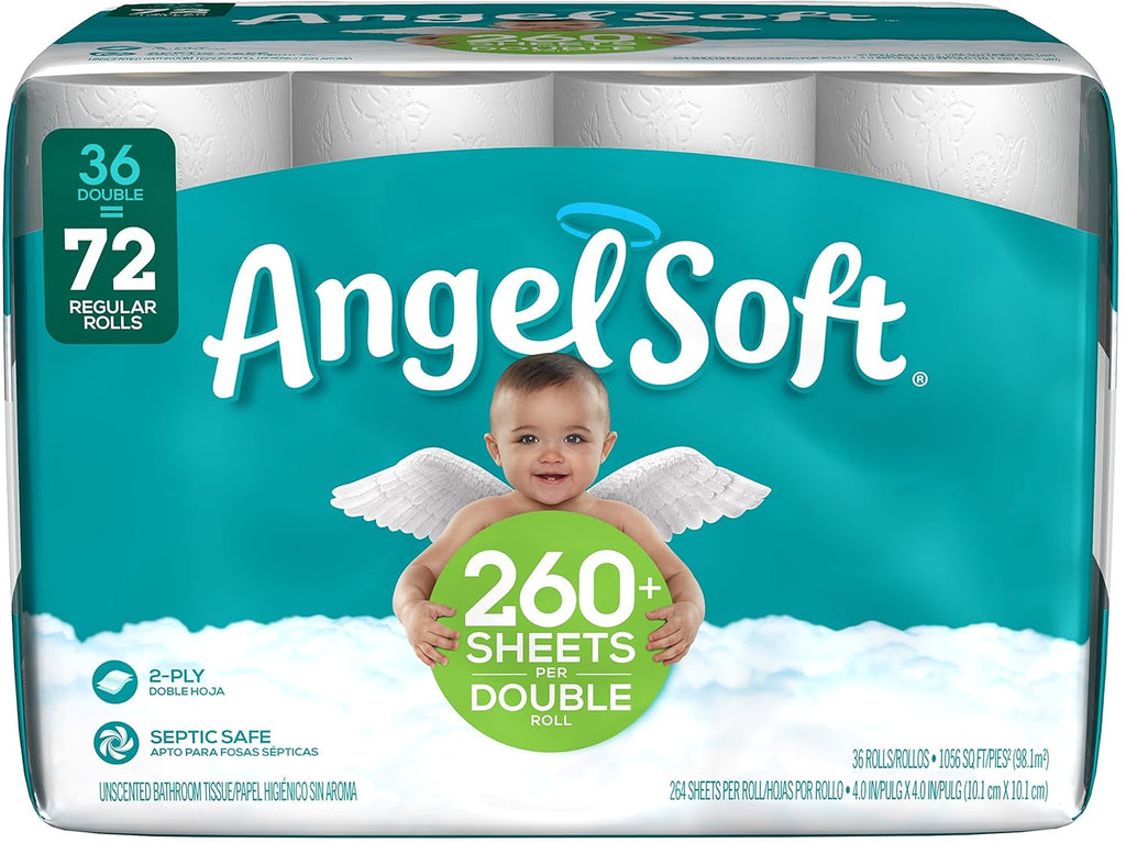 Angel Soft White 2-Ply Septic Safe Toilet Paper Tissue, 36 Double Rolls, 72 Regular Rolls, 260 Plus Sheets Per Double