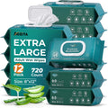 720 Count (12 Packs of 60) Wipes for Adults, 8" x 12" Extra Large Wet Wipes for Incontinence & Cleansing, Disposable