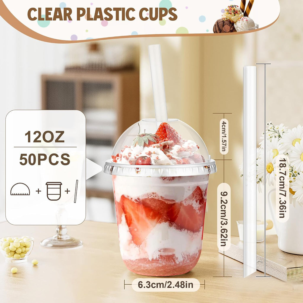 50 Pcs 12 oz Clear Plastic Slushie Cups with Dome Lids and Straws