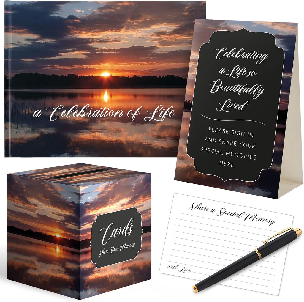 All-In-One Funeral Guest Book Set – Elegant Memorial Guestbook, Funeral Register Book, 60 Memory Cards, Collection