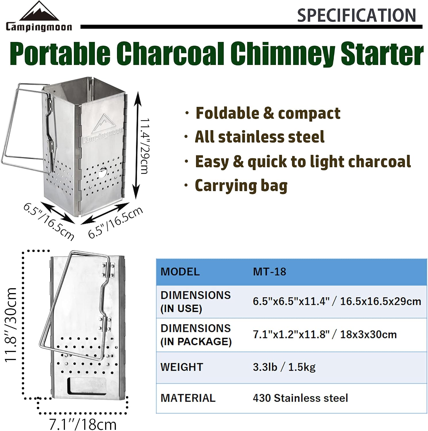 Portable Charcoal Chimney Starter Stainless Steel MT-18